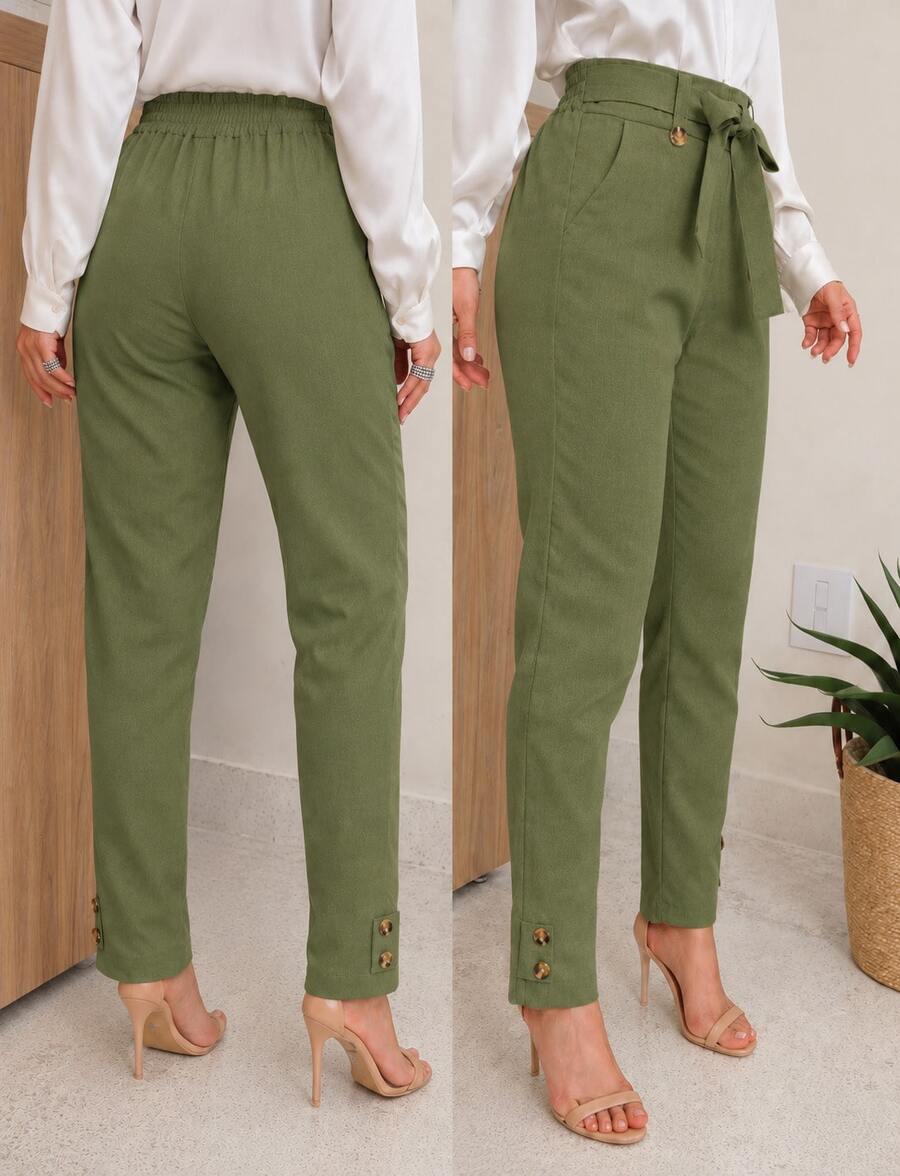 Women's Skinny Linen High-Waisted Trousers With Slash Pockets And Front Tie – Elegant Formal Style, Modern Tailoring, Chic Fitted Cut For Work, Events, And Sophisticated Casual Fashion Looks - 軍綠色 - 查看 1