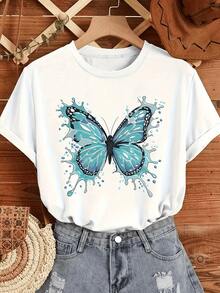 Mariposa azul con alas extendidas que simboliza libertad transformación y energía positiva rodeada de destellos de agua en movimiento camiseta de mujer casual cómoda para uso diario - Blanco - Ver 6