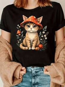 Gato con sombrero de seta rodeado de flores silvestres y bellotas que refleja conexión con la naturaleza y ternura única camiseta de mujer casual cómoda para uso diario - Negro - Ver 6