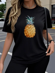 Golden Pineapple Symbolizing Freshness, Joy And Tropical Energy, Inspiring Sunny Days And Summer Spirit. Women's Casual, Modern And Comfortable T-Shirt For Everyday Wear. - 黑色 - 查看 6