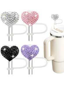 12/4/1pc Bling Heart Straw Covers For Cup -Rhinestone Diamond Valentines Day Straw Toppers, Sparkle Cup Accessories,Bling Rhinestone Hearts Straw Covers Cap Reusable Straw 10mm Silicone Toppers Straw Topper - Multicolor - View 1