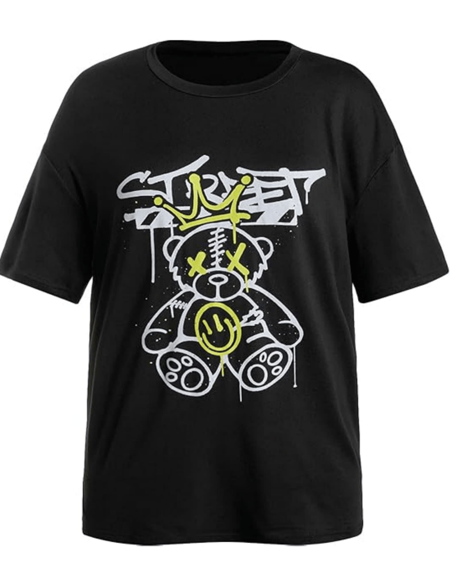 Urban Bear With Yellow Crown And Crossed Eyes Symbolizing Rebellion And Fun In The Streets. Modern, Comfortable, Casual Women's T-Shirt For Everyday Wear. - 黑色 - 查看 1