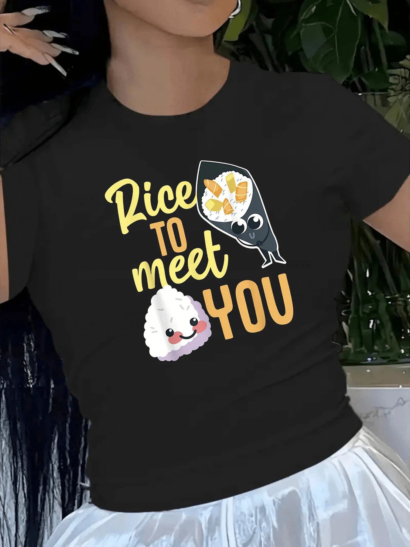 Graphic Featuring Smiling Sushi And A Happy Rice Ball Representing A Playful Connection Between Japanese Culture And Contemporary Humor. Comfortable, Modern, Casual Women's T-Shirt For Everyday Wear. - Black - View 1