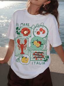 Seascape With Seafood, Fruit, Lemon, Tomato, And Fish Evoking Italy And The Freshness Of Summer. Casual, Comfortable, And Modern Women's T-Shirt For Everyday Wear. - 白色 - 查看 8