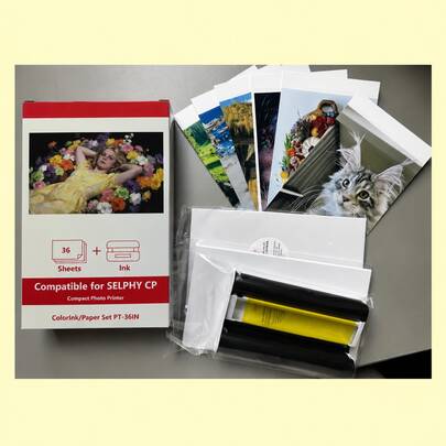 4x6 Selphy 兼容相纸和墨水 – 1 个墨盒 + 36 张光面相纸，完美适用于 CP1200、CP1300、CP1500，适用于即时打印、剪贴簿、DIY 相册、旅行和特殊场合