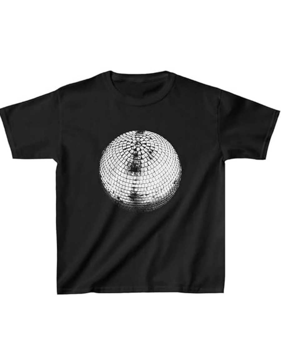 A Bright Sphere Reflecting Lights As A Symbol Of Festive Energy And Continuous Movement Inspires Joy And Endless Dancing In An Optimistic Atmosphere. A Modern, Casual, Comfortable Women's T-Shirt For Everyday Wear. - 黑色 - 查看 1