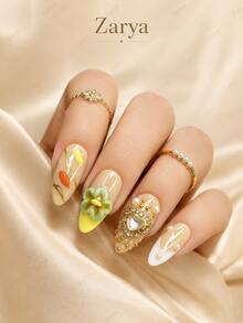 10pcs Handmade Almond Press On Nails, Beige Orange Luxury Glossy Fake Nails With 3D Flower, Pearl, Heart Gem & Gold Accent Nail Art For Women Including Nail Art Tools(1 Sheets Stickers+1PC Nail File),Suitable Daily, Casual, Wedding,Holiday Wear, Best Women And Girls - A12 - 查看 2