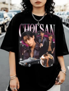 ATEEZS Choi San Bootleg Retro K-Pop Idol Black Oversized Graphic T-Shirt - 黑色 - 查看 6