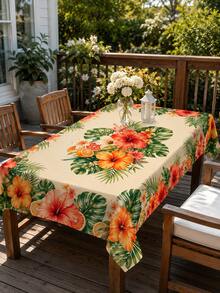 1pc Tropical Hibiscus Orange Floral Print Tablecloth, Beige Background With Citrus Green Leaf Pattern, Vintage Country Style, Outdoor Summer Party Decor, Stain-Resistant And Easy To Clean, Camping Picnic Essential - Multicolor - View 6