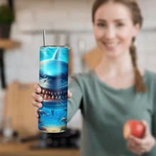 1/5个20盎司直筒保温杯，印有逼真的深海大白鲨图案，带吸管和盖子，保温/保冷，适合户外旅行、健身、海洋主题日常使用，生日礼物和毕业纪念品 - 鯊魚3 - 查看 7