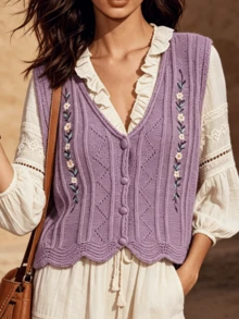 Áo khoác cardigan cổ chữ V thêu họa tiết, kiểu dáng thường ngày, thoáng mát dành cho nữ mùa xuân/hè. - Bụi tím - Xem 4