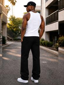 Mens Casual Tech Fleece Solid Stacked Sweat Pants Casual Pants Flare Cotton Blend - 黑色 - 查看 2