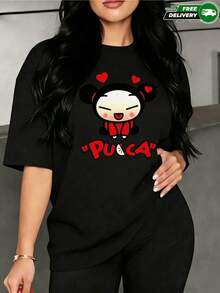 A Cartoonish Image Of A Young Woman With Dark Heart-Shaped Bows Expressing Joy And Tenderness, Surrounded By Small Red Hearts, Ideal For Conveying Positive Energy. A Modern Casual Women's T-Shirt. - 黑色 - 查看 1
