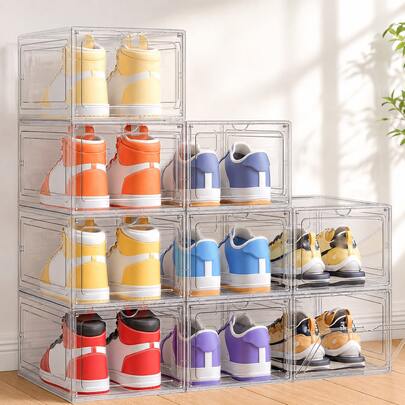 6 Pack Clear Shoe Storage Boxes, Stackable Foldable Plastic Shoe Organizer For Closet, Space Saving Sneaker Container With Lid, Dustproof Display Case For Entryway Bedroom Dorm, Fits US Size 13 Boots Heels Flats