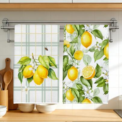 2pcs Lemon Pattern Kitchen Towels, Soft Polyester Material Dish Cloths, Suitable For Kitchen Decor, Cleaning, Holiday Party Decoration, Kitchen & Bathroom Essentials, Home Decor, Housewarming Gift