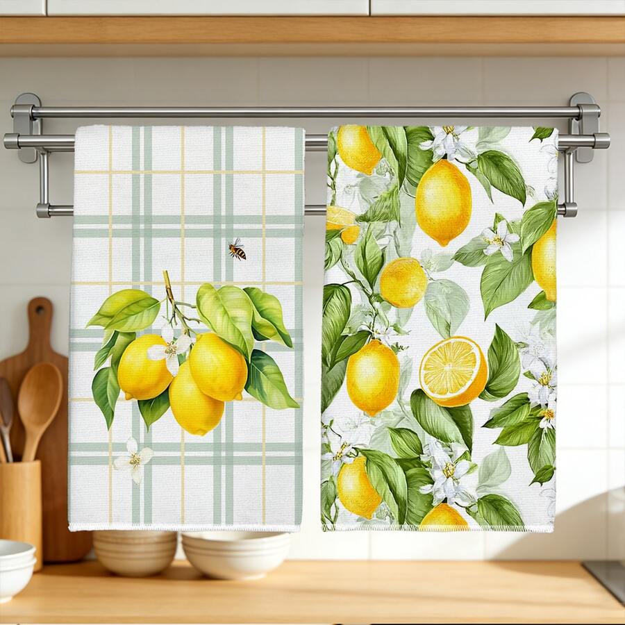 2 piezas Paños de cocina con estampado de limón, material de poliéster suave, paños de platos, adecuados para decoración de cocina, limpieza, decoración de fiesta festiva, artículos esenciales de cocina y baño, decoración del hogar, regalo de inauguración de la casa - Multicolor - Ver 1