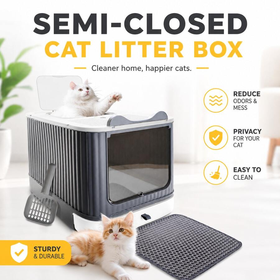 White Gray Semi-Closed Cat Litter Box, 50*35*35cm Anti-Splash Pull-Out Cat Toilet With Scoop And Litter Mat For Small And Medium Cats - White Grey - View 1