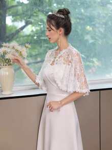 1 Peça Xale de Casamento Feminino, Xale Nupcial Bordado em Renda Vazada Champanhe/Preto/Branco, Xale de Verão para Madrinhas, Noivas, Casamento, Festa, Apresentação, Cosplay, Decoração de Feriado, Sessão de Fotos, Desfile, Estilo Europeu e Americano Manga Longa Fina Xale de Tule Simples, Sexy e Transparente da Noiva com Enfeites de Pérolas Falsas e Strass - Multicolorido - Visão 7