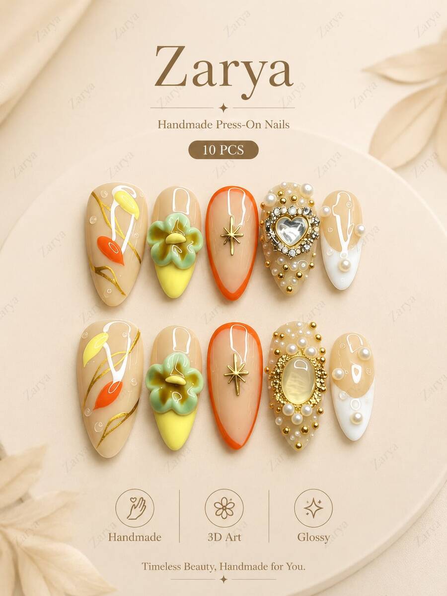 10pcs Handmade Almond Press On Nails, Beige Orange Luxury Glossy Fake Nails With 3D Flower, Pearl, Heart Gem & Gold Accent Nail Art For Women Including Nail Art Tools(1 Sheets Stickers+1PC Nail File),Suitable Daily, Casual, Wedding,Holiday Wear, Best Women And Girls - A12 - 查看 1