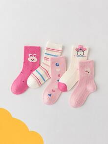 5双装幼儿女童3D兔耳中筒袜，渐变粉色罗纹针织可爱兔子图案中筒袜，适合儿童日常穿着 - 彩色 - 查看 4