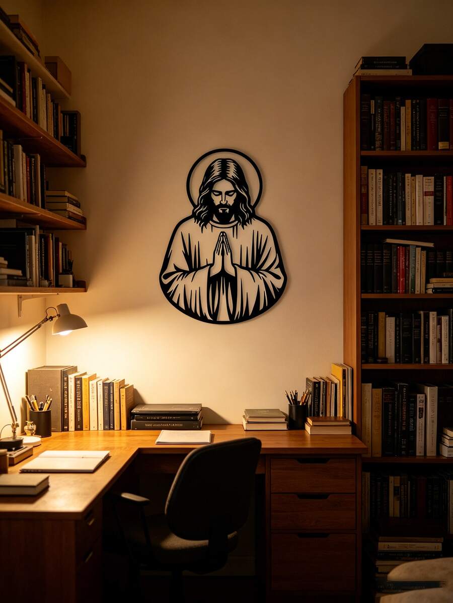 1pc Jesus Praying Metal Wall Art - Black Religious Decor With Floral Accents, Suitable For Church, Home, Chapel, Indoor/Outdoor Christian Family Decoration, Easter Gift, Metal Wall Art Decor
