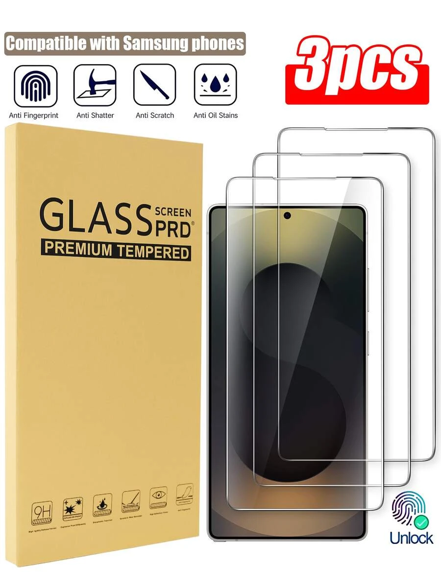 3 piezas Protector de pantalla compatible con Samsung Galaxy S26 Ultra/S25/S24/S23 5G, película de vidrio templado, compatible con ID de huella digital, transparente de alta definición - transparente - Ver 1