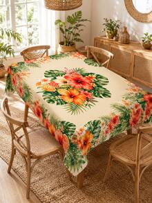 1pc Tropical Hibiscus Orange Floral Print Tablecloth, Beige Background With Citrus Green Leaf Pattern, Vintage Country Style, Outdoor Summer Party Decor, Stain-Resistant And Easy To Clean, Camping Picnic Essential - Multicolor - View 8
