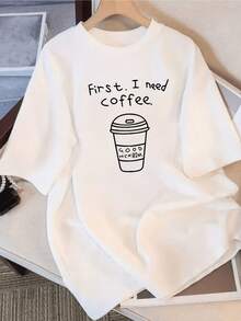 Coffee Mug With A Funny Phrase That Reflects The Love For Morning Energy And The Need To Start The Day With A Hot Drink; Comfortable Casual Women's T-Shirt For Everyday Wear And Relaxed Style - 白色 - 查看 1