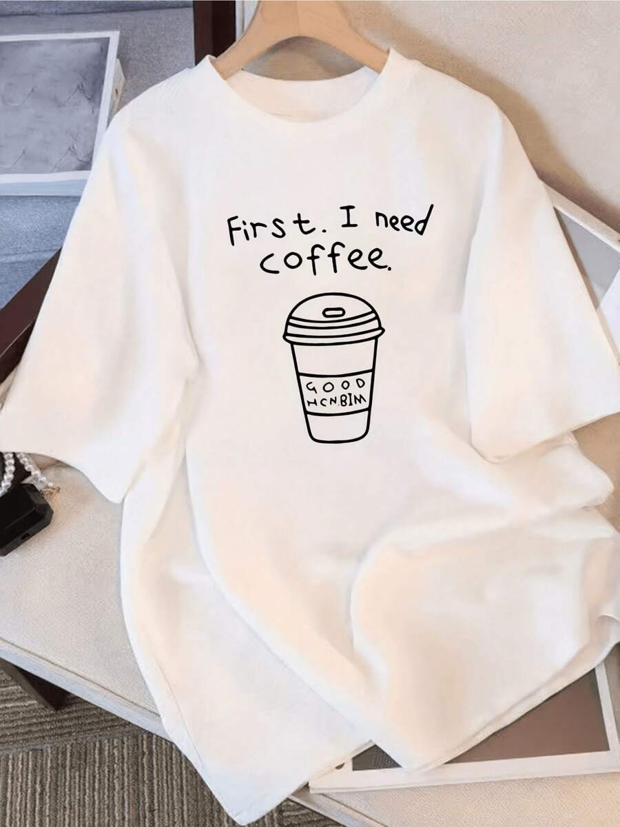 Coffee Mug With A Funny Phrase That Reflects The Love For Morning Energy And The Need To Start The Day With A Hot Drink; Comfortable Casual Women's T-Shirt For Everyday Wear And Relaxed Style - 白色 - 查看 1