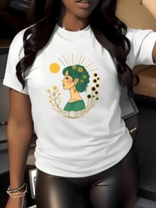 Woman With Green Hair Adorned With Golden Flowers Surrounded By Sunbeams And Branches Symbolizing Inner Energy And Connection With Nature; Modern, Comfortable, And Versatile Women's T-Shirt - 白色 - 查看 6