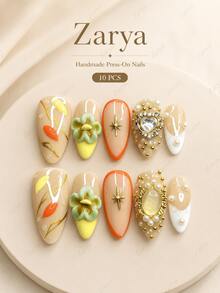 10pcs Handmade Almond Press On Nails, Beige Orange Luxury Glossy Fake Nails With 3D Flower, Pearl, Heart Gem & Gold Accent Nail Art For Women Including Nail Art Tools(1 Sheets Stickers+1PC Nail File),Suitable Daily, Casual, Wedding,Holiday Wear, Best Women And Girls - A12 - 查看 4