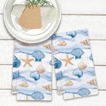 2pcs Summer Blue Ocean Shell Pattern Kitchen Towels, Soft Polyester Material Dish Cloths, Suitable For Kitchen Decor, Cleaning, Holiday Party Decoration, Kitchen & Bathroom Essentials, Home Decor, Housewarming Gift - Multicolor - View 7