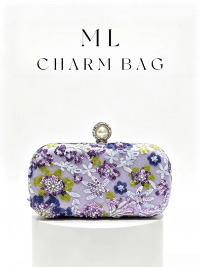 1 chiếc ví cầm tay dự tiệc sang trọng màu tím đính hoa và hạt cườm, ví cứng đính sequin và thêu với khóa ngọc trai, dây đeo vai dạng xích có thể tháo rời, thích hợp cho đám cưới, dạ hội và tiệc tùng.