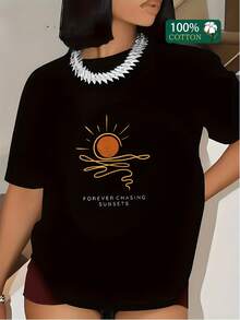 Radiant Sun On Curved Lines Symbolizing The Energy Of Sunset And The Constant Search For New Hope And Freedom. Women's Casual T-Shirt With Inspirational Print For Stylish And Comfortable Everyday Wear. - 黑色 - 查看 6