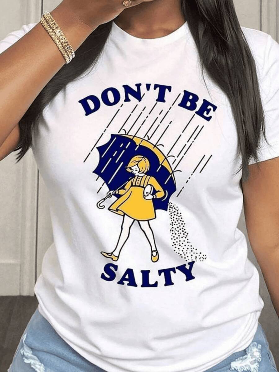 Girl Walking In The Rain With A Blue Umbrella And Yellow Dress While A Stream Of Salt Water Falls, Symbolizing A Positive Attitude And Confidence. Women's Casual, Modern, Comfortable T-Shirt For Everyday Wear. - 白色 - 查看 1