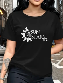 Bright Sunshine And Shining Stars, Symbolizing Love And Cosmic Energy, Accompany This Modern, Comfortable, Casual Women's T-Shirt For Everyday Wear. - 黑色 - 查看 6
