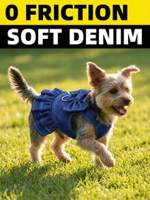 奢华宠物狗猫公主裙，配有安全背带和牛仔裙，时尚狗狗连衣裙，适合周末和外出穿着，奢华宠物狗裙，猫咪配饰，宠物用品 - 藍色 - 查看 1