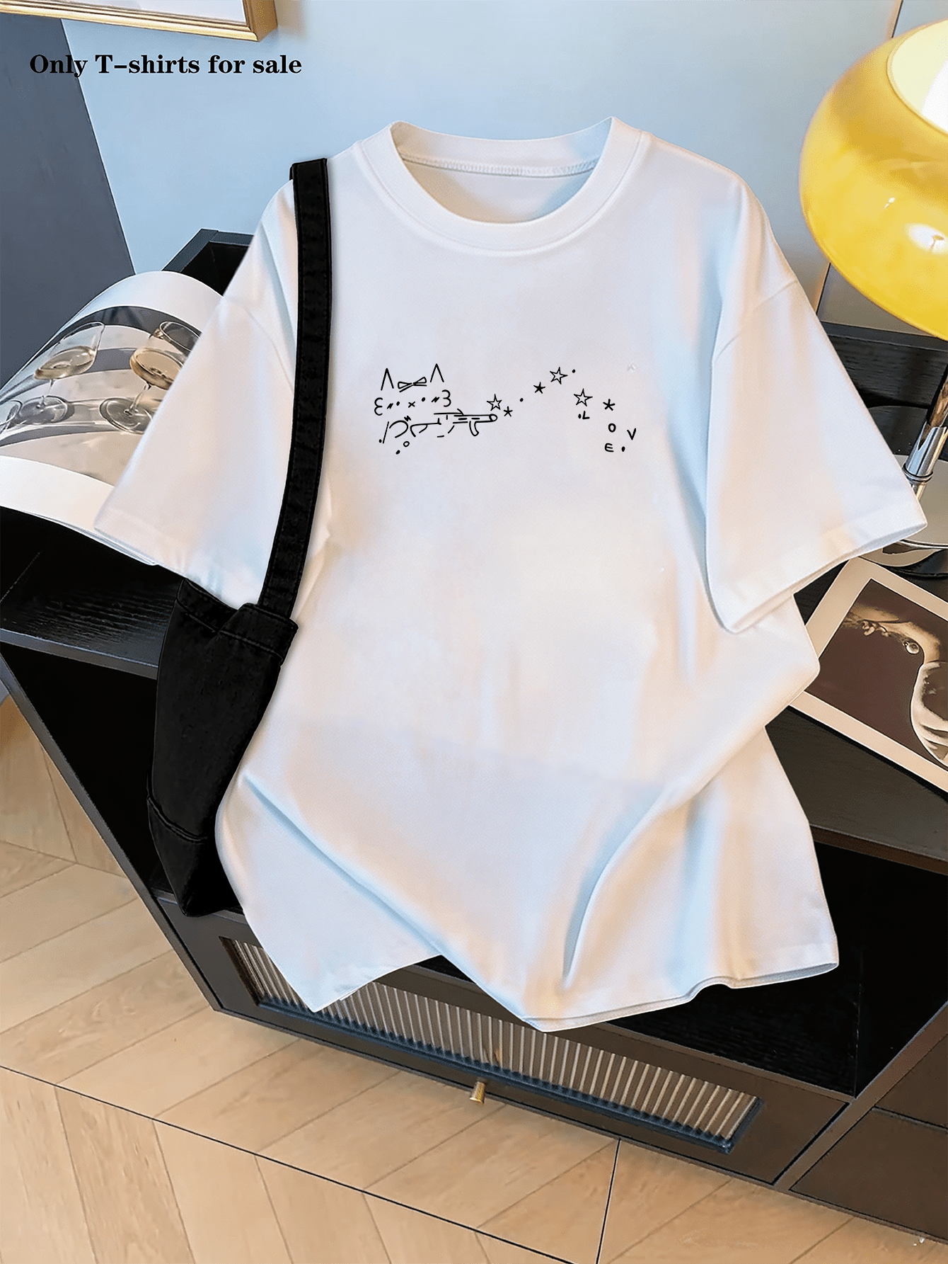 Versatile Casual T-Shirt With Cat Shooting Many Stars Print, Women's Summer Short Sleeve Top, Regular Round Neck, Base Layer, Fashionable, Sweet, Lazy And Youthful - 白色 - 查看 1