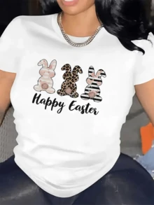 Three Rabbits With Unique Patterns Symbolizing The Joy And Renewal Of Easter, Combining Soft Tones And Modern Details To Convey Positive Energy. Elegant Casual Women's T-Shirt For Seasonal Celebration. - 白色 - 查看 1