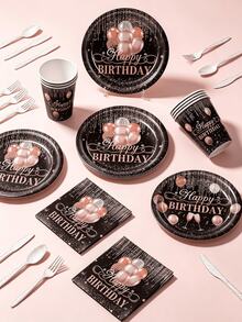 168pcs Rose Gold-Themed Birthday Party Tableware Set, Paper Plates Made Of 350g Thick Paper, Black Paired With Rose Gold Balloons, Making The Party More Exquisite, Can Serve 24 Guests At The Same Time - 彩色 - 查看 1