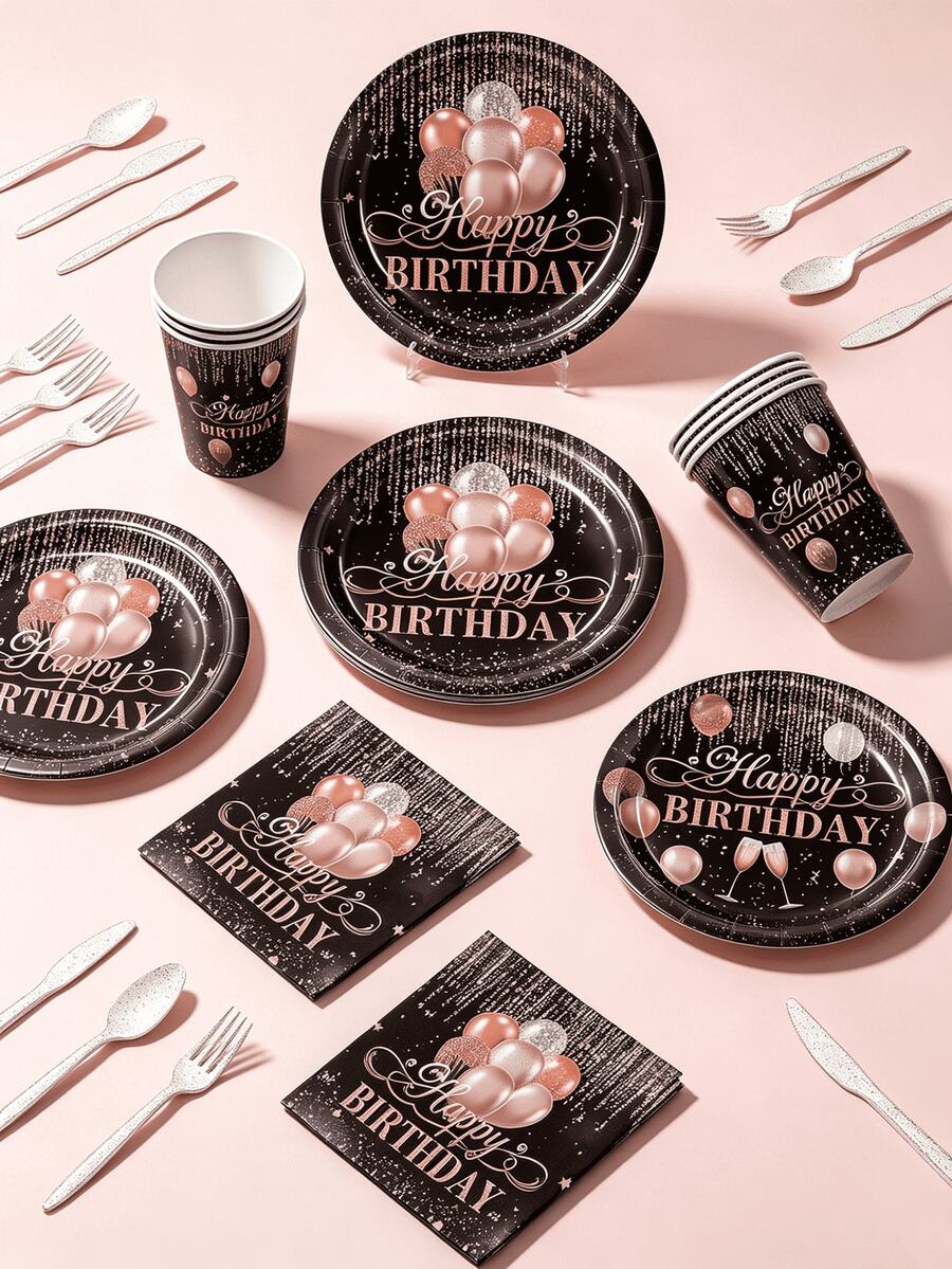 168pcs Rose Gold-Themed Birthday Party Tableware Set, Paper Plates Made Of 350g Thick Paper, Black Paired With Rose Gold Balloons, Making The Party More Exquisite, Can Serve 24 Guests At The Same Time - 彩色 - 查看 1