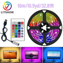 LITSHOW Tira de luz LED RGB de 32.8 pies con control remoto de 24 teclas, alimentada por USB de 5V, con respaldo adhesivo para una instalación fácil, adecuada para computadora, TV, gabinete, etc. - RGB - Ver 9