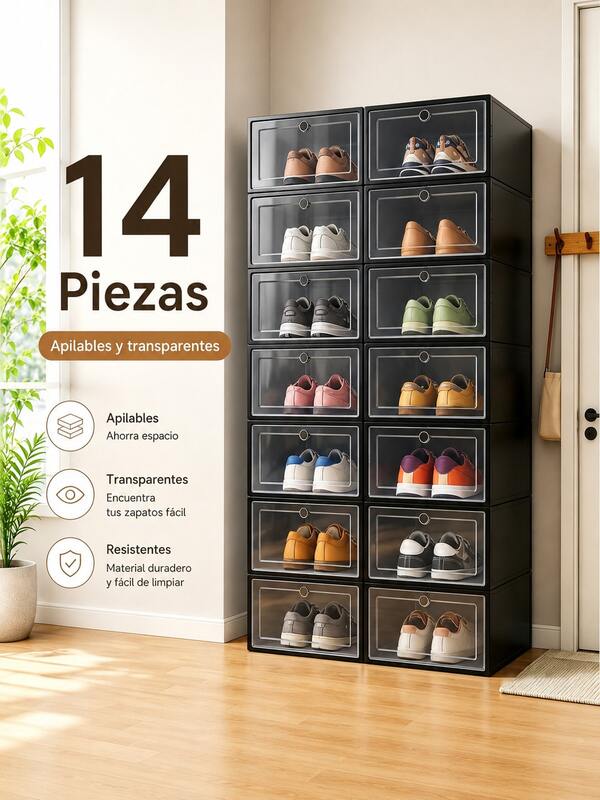 14 Piezas Cajas de Zapatos Transparentes con Tapa -Zapatos Transparentes - Organizadores Apilables para Clóset, Ahorrador de Espacio Antipolvo | Fácil Armado, Plástico Duradero | Incluye Separadores para Tacones/Botas/Tenis, Se Pueden Usar como Cajas de Zapatos en Miniatura para Dormitorio, Casa, Entrada, Pasillo, Artículos de Sala de Estar, Organización y Almacenamiento en el Hogar