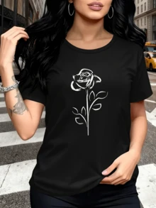 Una rosa dibujada con trazos blancos simboliza la belleza interior la fuerza femenina y la elegancia que florece con confianza y actitud positiva camiseta de mujer moderna para uso diario y casual - Negro - Ver 1