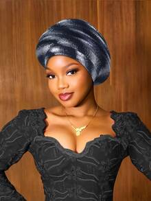 1pc Metallic Color Headscarf, African Style Pleated Headwrap, Pre-Tied Headpiece For Women, Multi-Color Options - A - View 14