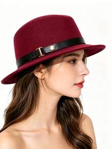 1pc Elegant Wool Felt Hat, Suitable For Summer Beach, Women's Daily And Holiday Outfits, Decorated With Round Rivets And Symmetrical Belt, A Decorative Western Cowboy Hat - Solid Color - View 11