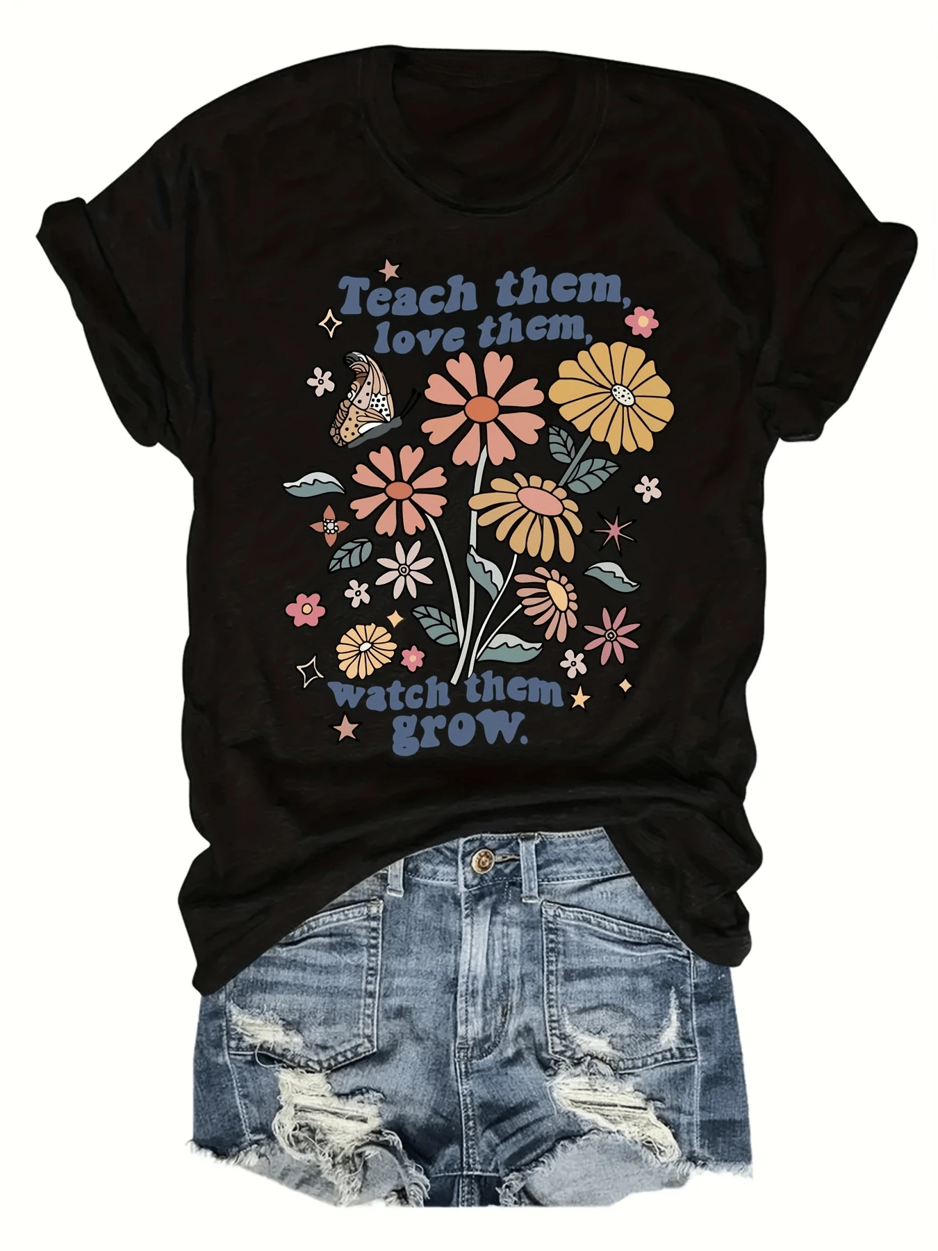 A Collection Of Colorful Flowers Alongside Butterflies Symbolizes Personal Growth And The Power Of Love, Conveying A Positive Message Of Care And Learning. A Comfortable, Casual Women's T-Shirt For Everyday Wear And Summer. - 黑色 - 查看 1