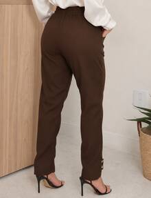 Women's Skinny Linen High-Waisted Trousers With Slash Pockets And Front Tie – Elegant Formal Style, Modern Tailoring, Chic Fitted Cut For Work, Events, And Sophisticated Casual Fashion Looks - 鏽棕色 - 查看 3