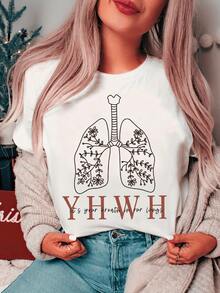 Branches Forming Lungs Symbolizing New Life And Connection With Nature, Representing Spiritual Breathing And Inner Energy. Comfortable, Modern Casual Women's T-Shirt - 白色 - 查看 1