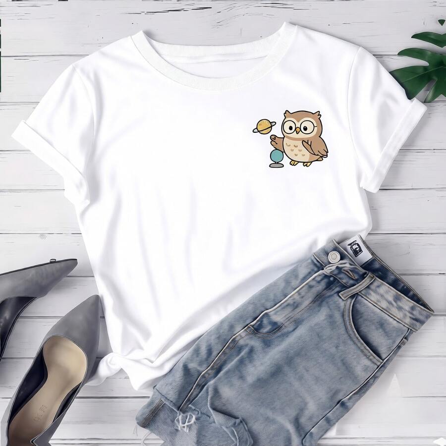 Women's Printed T-Shirt With Fun Cartoon Owl Graphic - Casual Short Sleeve Crew Neck T-Shirt, Relaxed Fit, For All Seasons, Perfect For Daily Wear And Holidays, Machine Washable. - 白色 - 查看 1
